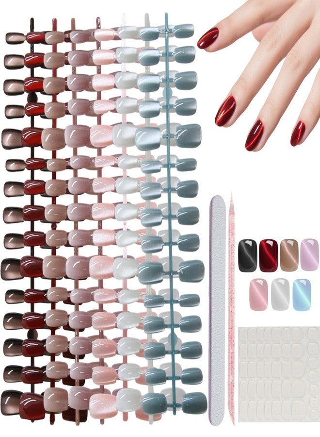 AIBEE Cat Eye Press on Nails-7 Colors Press On Nails Short Square 210Pcs Reusable Fake Nails Tips with 7pcs Glue Stickers for Daily Wear, Parties, Dates, Holidays, Fit Most Nail Sizes for Women Girls - Image 1